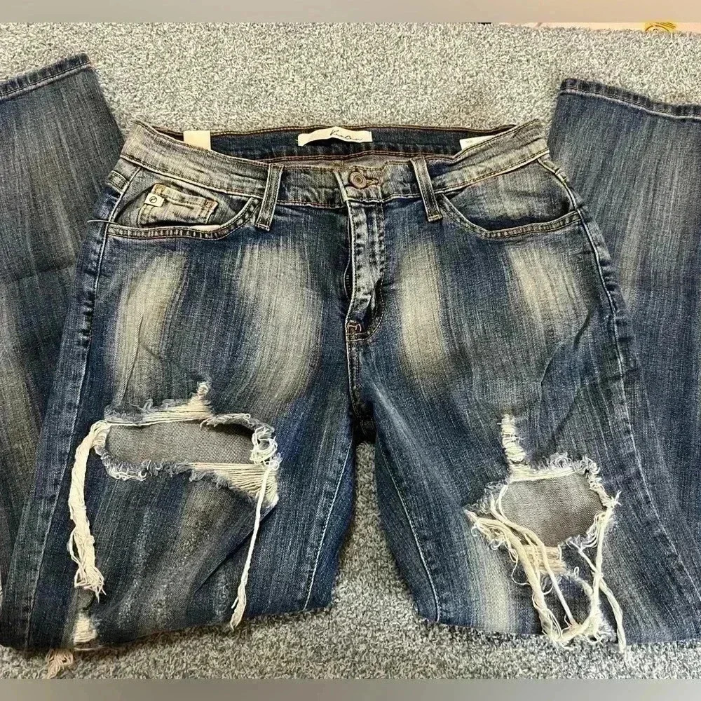 KanCan Women’s Jeans Size 25 Mid Rise Boyfriend Cropped Distressed Blue #1863 - Picture 3 of 9